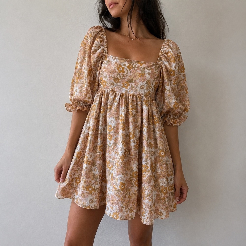 Storia Tan Floral Babydoll Dress Puff Sleeve Size M Cottagecore Fairycore